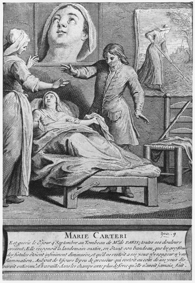 Cudowne uzdrowienie niewidomej Marie Carteri na grobie diakona Francois de Paris na cmentarzu parafialnym Saint-Medard w Paryżu, ryt Pieter Yver (1712-87) 1737 autorstwa French School